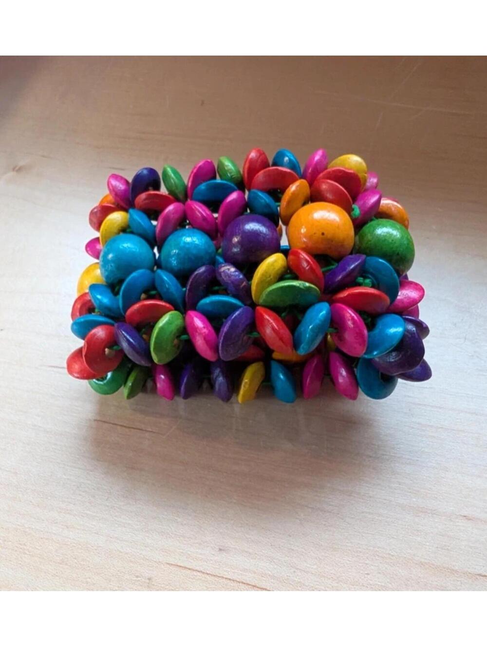 Rainbow Wooden Beaded Wide Cuff Bracelet